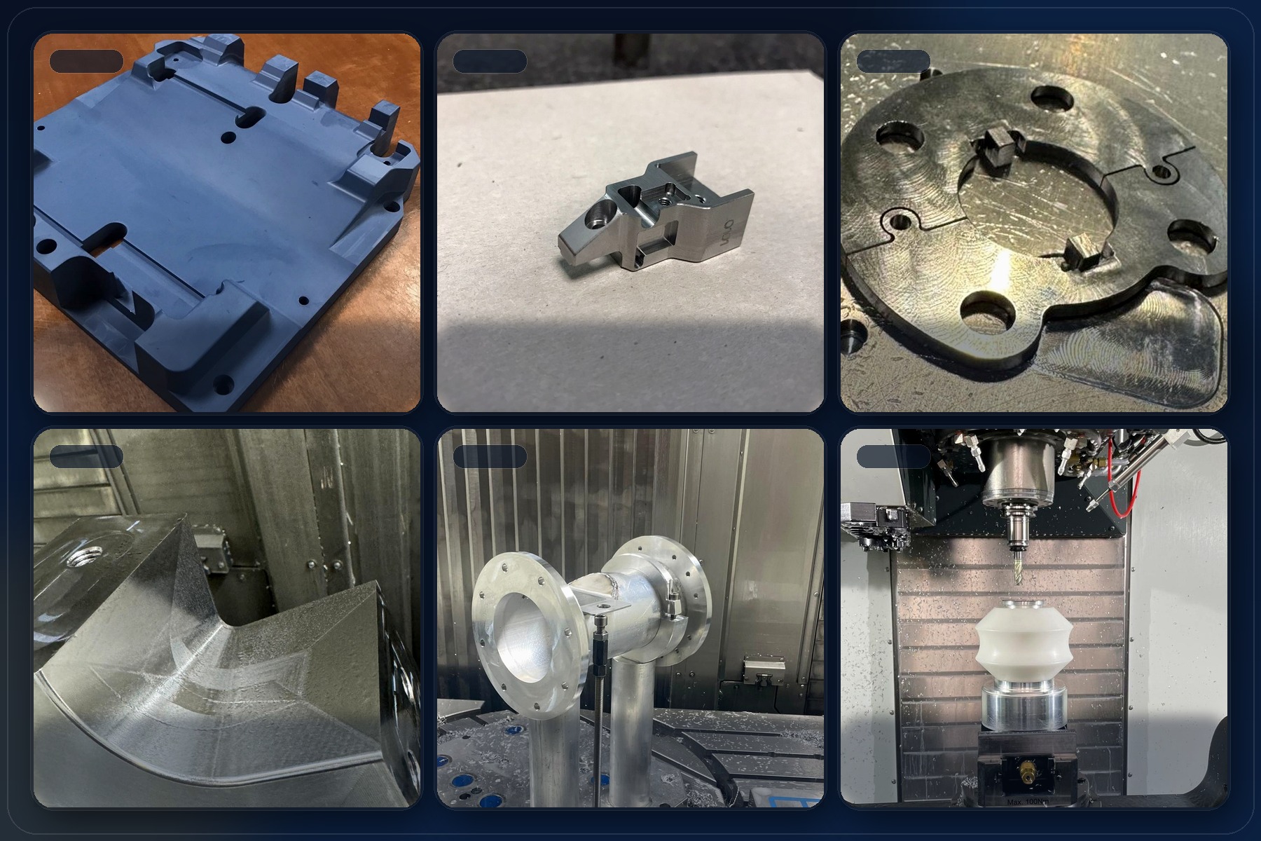 Premium-6-in-1-CNC-Infinity-Vision-Kollage mit ausgewählten Werkstatt- und Bauteilfotos